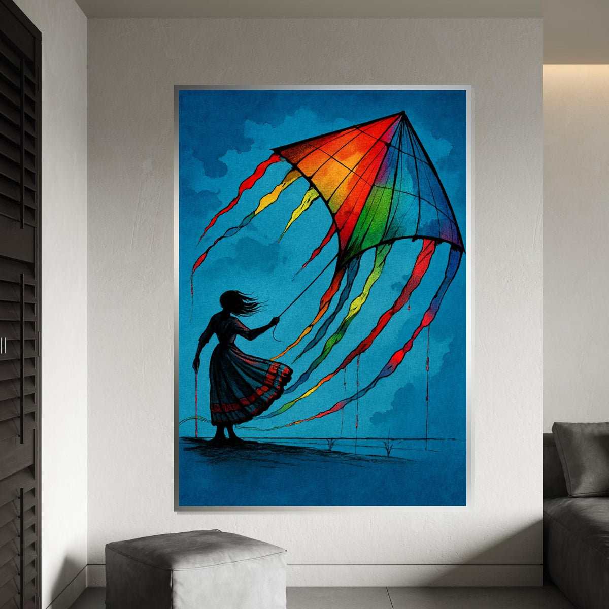 Vibrant Kite Girl, Colorful Kite Canvas, Art Wall Decoration, Silhouette Poster, Wall Art Canvas Design, Ready To Hang Decoration
