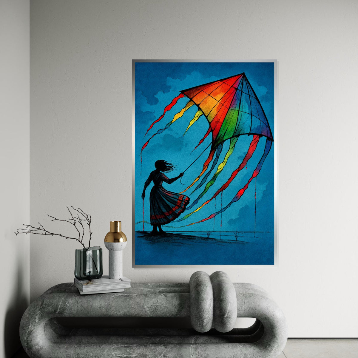 Vibrant Kite Girl, Colorful Kite Canvas, Art Wall Decoration, Silhouette Poster, Wall Art Canvas Design, Ready To Hang Decoration