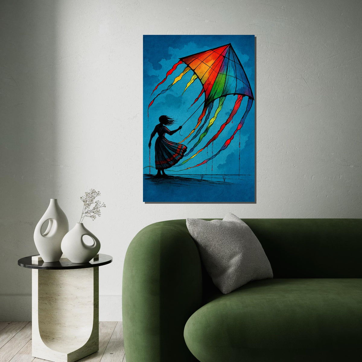 Vibrant Kite Girl, Colorful Kite Canvas, Art Wall Decoration, Silhouette Poster, Wall Art Canvas Design, Ready To Hang Decoration