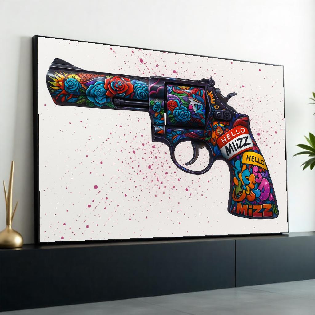 Floral Gun Canvas Art, Vibrant Revolver Print, Wall Art Canvas Design, Graffiti Style, Unique Art Piece, Ready To Hang Decoration
