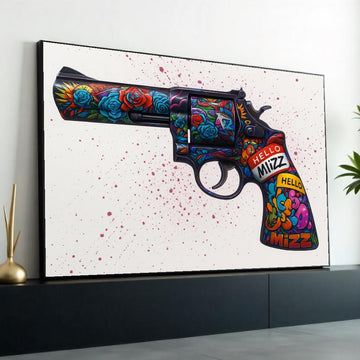 Floral Gun Canvas Art, Vibrant Revolver Print, Wall Art Canvas Design, Graffiti Style, Unique Art Piece, Ready To Hang Decoration