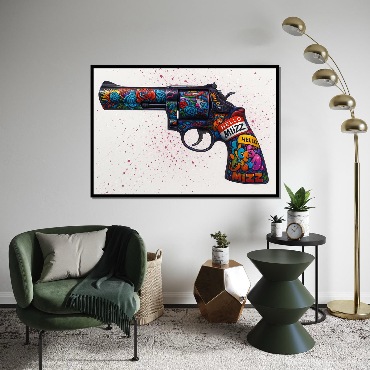 Floral Gun Canvas Art, Vibrant Revolver Print, Wall Art Canvas Design, Graffiti Style, Unique Art Piece, Ready To Hang Decoration