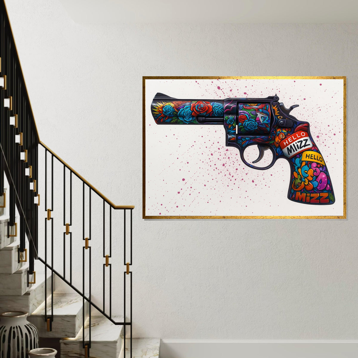 Floral Gun Canvas Art, Vibrant Revolver Print, Wall Art Canvas Design, Graffiti Style, Unique Art Piece, Ready To Hang Decoration