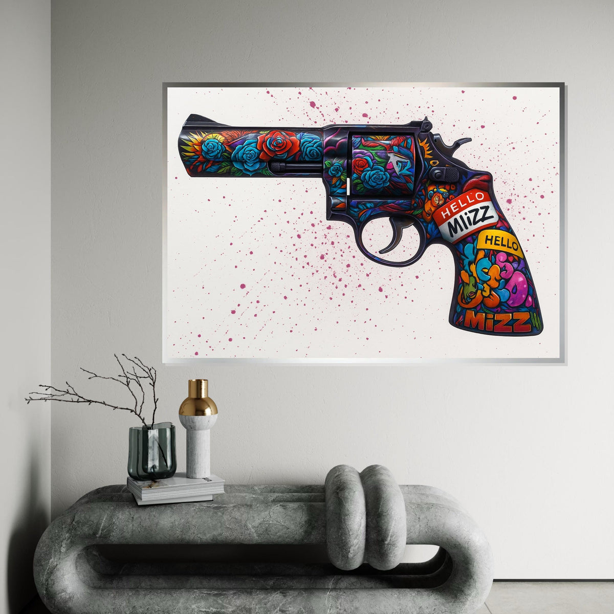 Floral Gun Canvas Art, Vibrant Revolver Print, Wall Art Canvas Design, Graffiti Style, Unique Art Piece, Ready To Hang Decoration