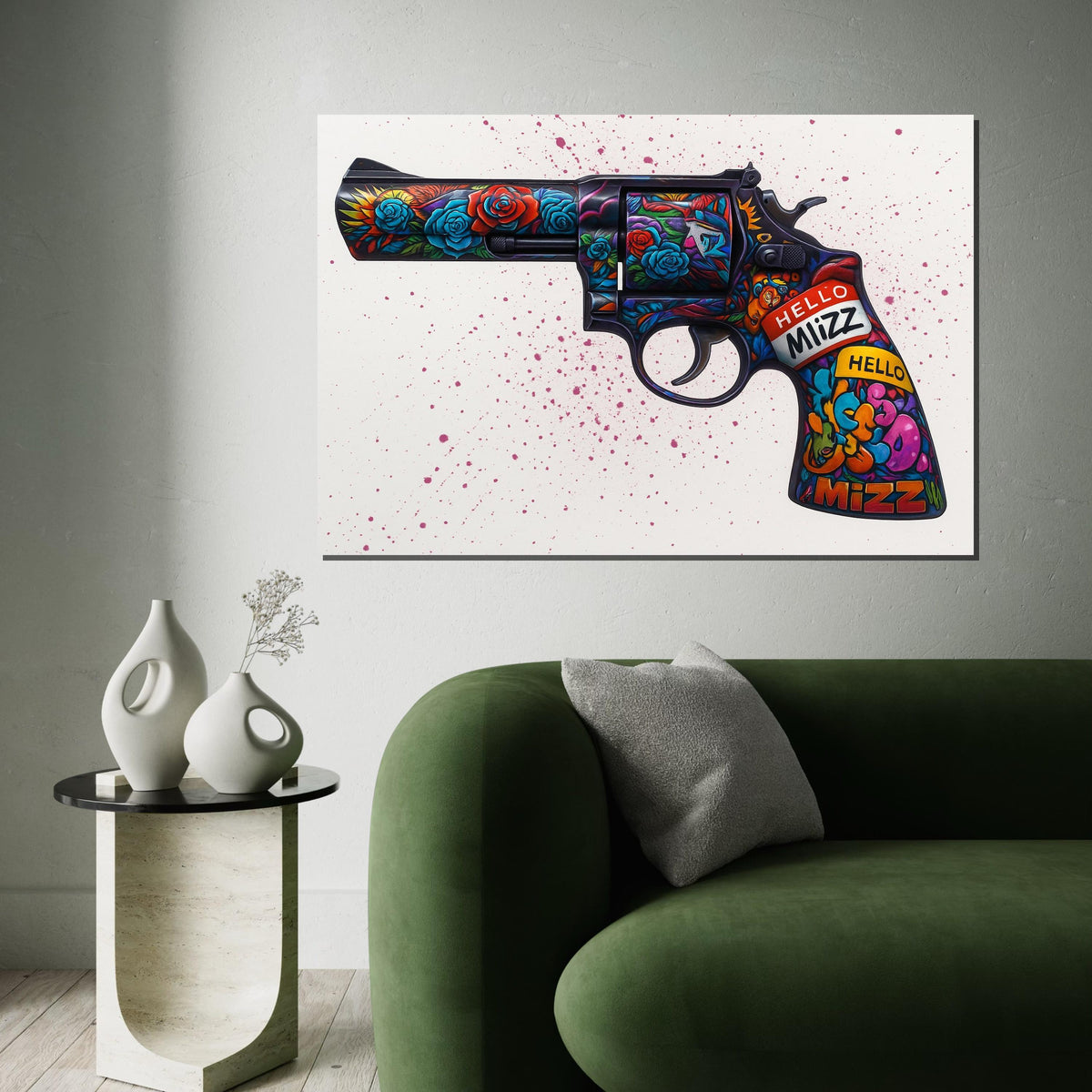 Floral Gun Canvas Art, Vibrant Revolver Print, Wall Art Canvas Design, Graffiti Style, Unique Art Piece, Ready To Hang Decoration