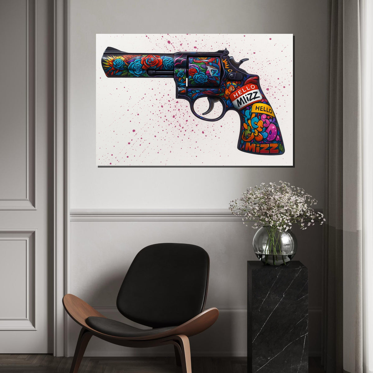 Floral Gun Canvas Art, Vibrant Revolver Print, Wall Art Canvas Design, Graffiti Style, Unique Art Piece, Ready To Hang Decoration