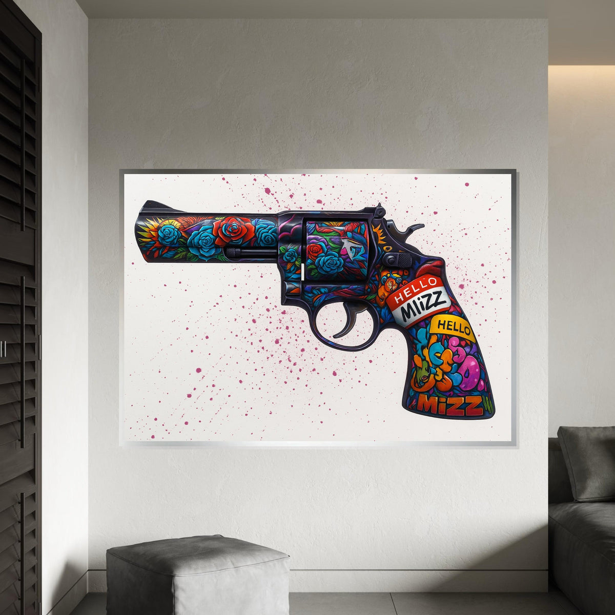 Floral Gun Canvas Art, Vibrant Revolver Print, Wall Art Canvas Design, Graffiti Style, Unique Art Piece, Ready To Hang Decoration