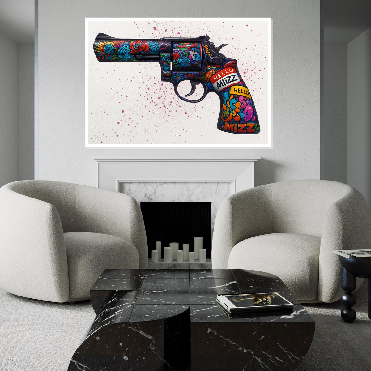 Floral Gun Canvas Art, Vibrant Revolver Print, Wall Art Canvas Design, Graffiti Style, Unique Art Piece, Ready To Hang Decoration