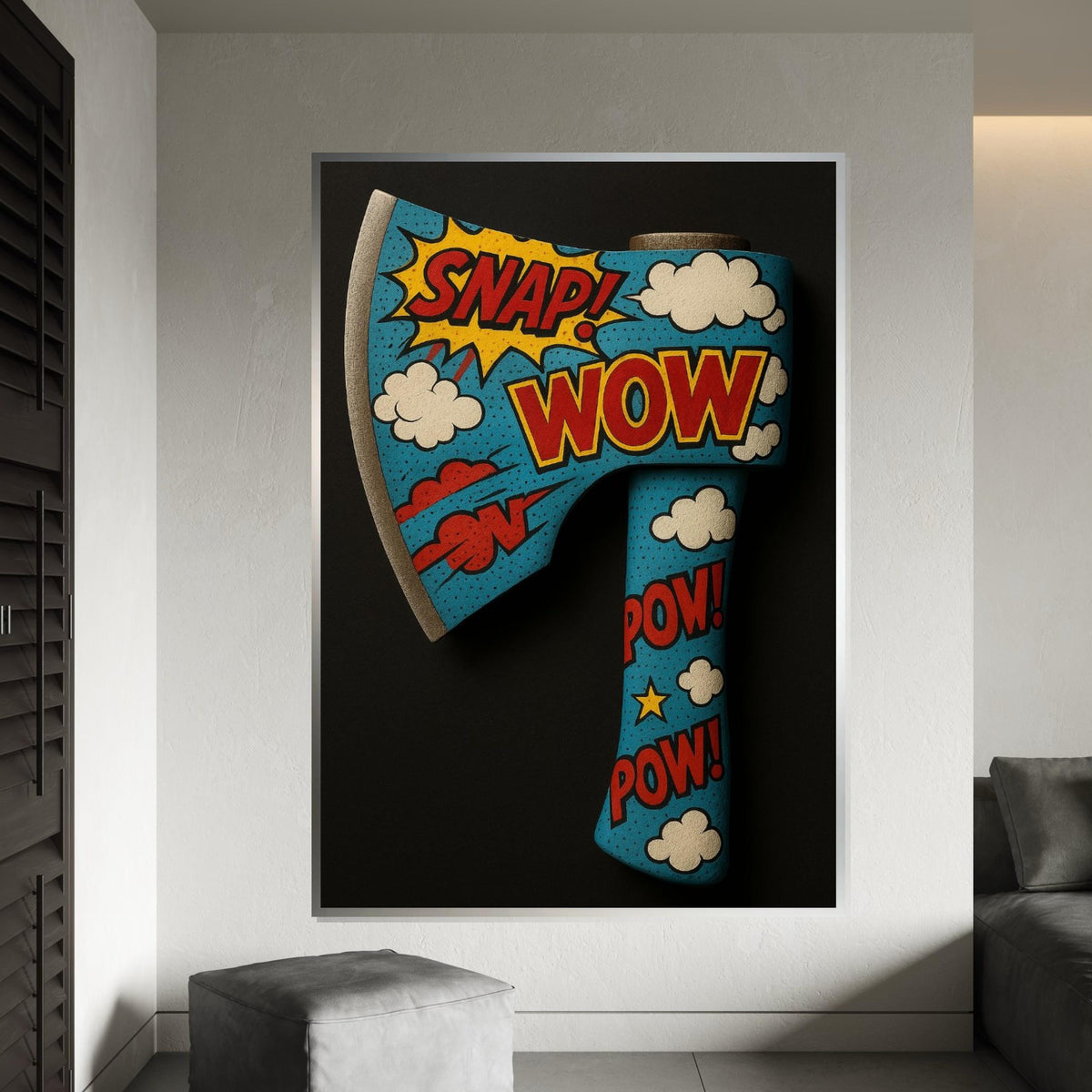 Comic Pop Art Axe Canvas, Wow Snap Pow Poster, Pop Art Wall Design, Retro Cartoon Canvas, Decorative Canvas, Ready to Hang Art