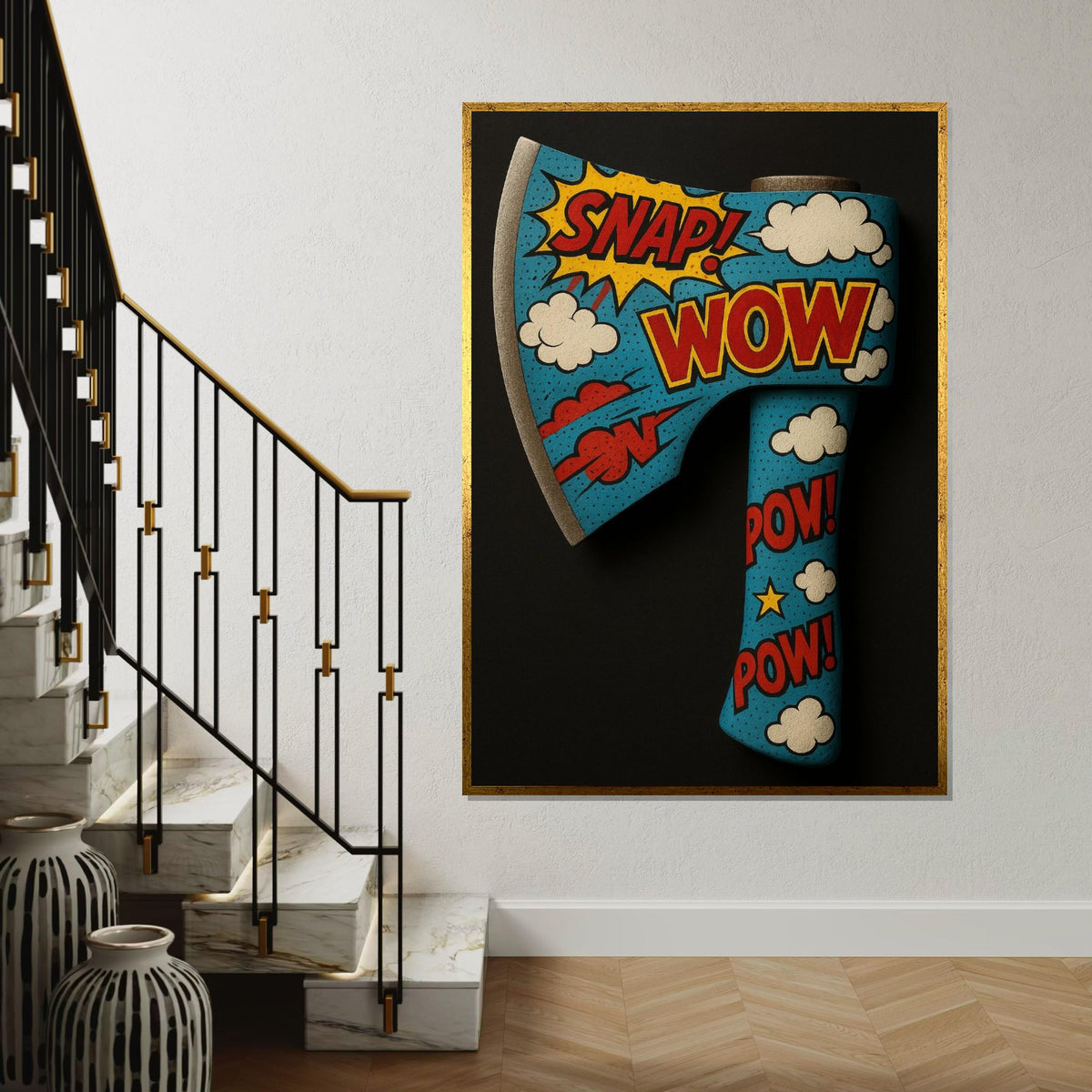 Comic Pop Art Axe Canvas, Wow Snap Pow Poster, Pop Art Wall Design, Retro Cartoon Canvas, Decorative Canvas, Ready to Hang Art
