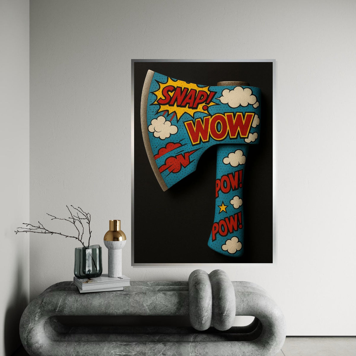 Comic Pop Art Axe Canvas, Wow Snap Pow Poster, Pop Art Wall Design, Retro Cartoon Canvas, Decorative Canvas, Ready to Hang Art