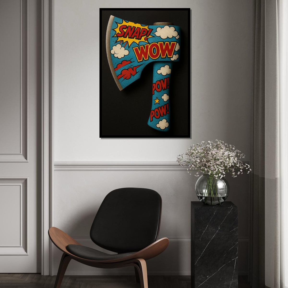 Comic Pop Art Axe Canvas, Wow Snap Pow Poster, Pop Art Wall Design, Retro Cartoon Canvas, Decorative Canvas, Ready to Hang Art