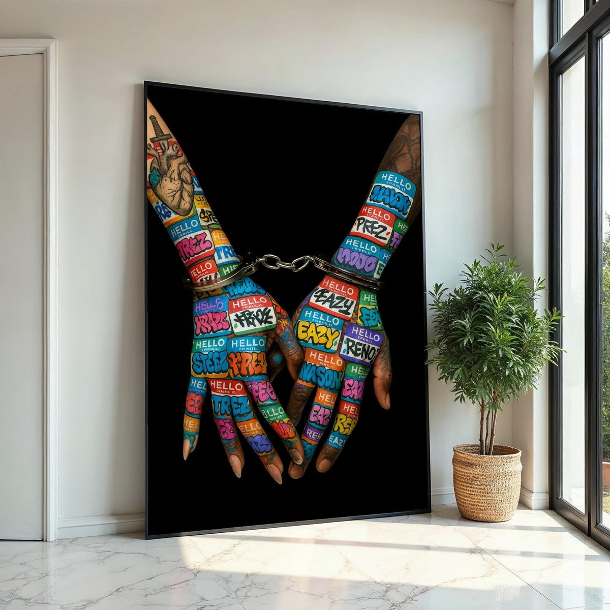 Graffiti Handcuffs Canvas, Street Art, Vibrant Hands Wall Print, Urban Art Canvas Design, Ready To Hang Decoration