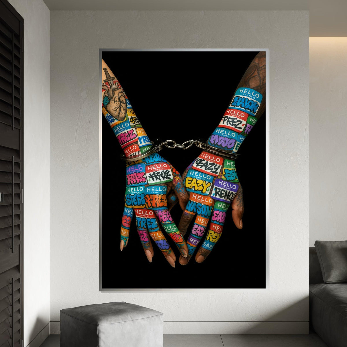 Graffiti Handcuffs Canvas, Street Art, Vibrant Hands Wall Print, Urban Art Canvas Design, Ready To Hang Decoration