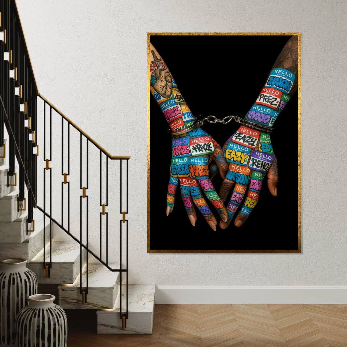 Graffiti Handcuffs Canvas, Street Art, Vibrant Hands Wall Print, Urban Art Canvas Design, Ready To Hang Decoration