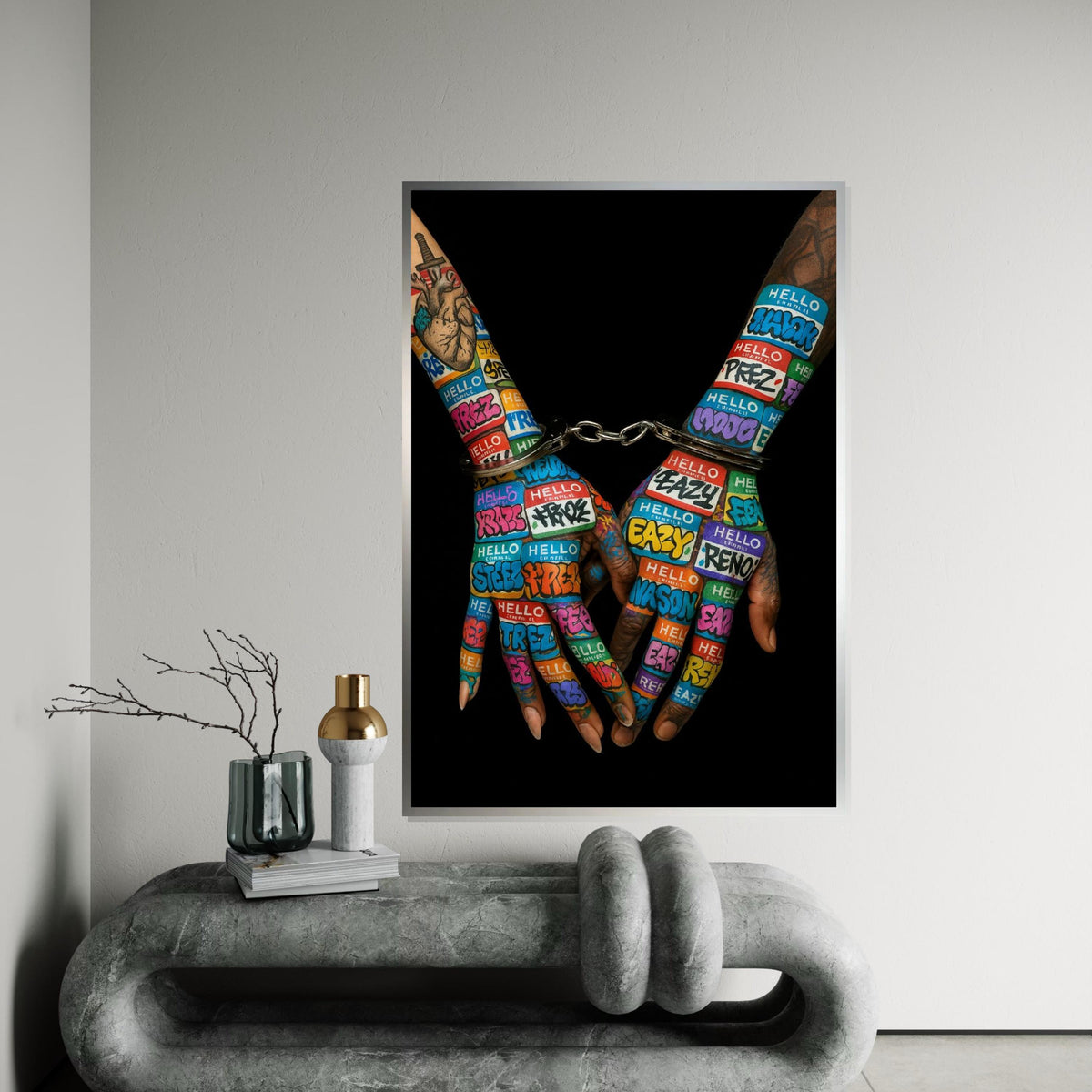 Graffiti Handcuffs Canvas, Street Art, Vibrant Hands Wall Print, Urban Art Canvas Design, Ready To Hang Decoration