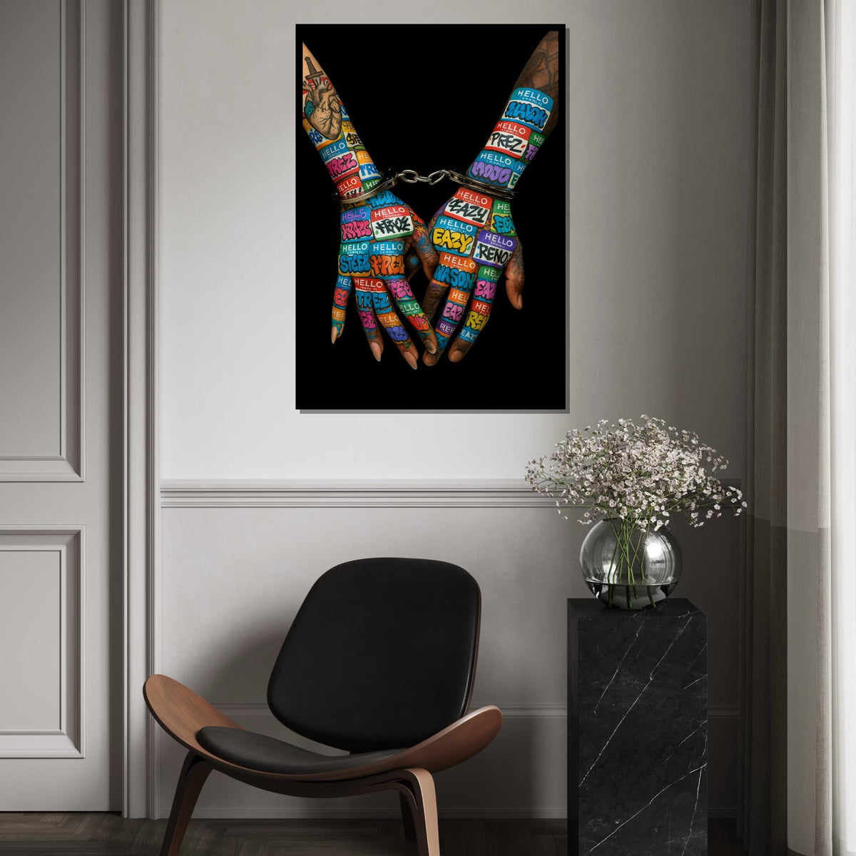 Graffiti Handcuffs Canvas, Street Art, Vibrant Hands Wall Print, Urban Art Canvas Design, Ready To Hang Decoration