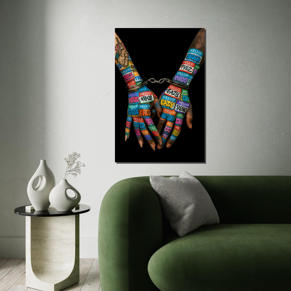 Graffiti Handcuffs Canvas, Street Art, Vibrant Hands Wall Print, Urban Art Canvas Design, Ready To Hang Decoration