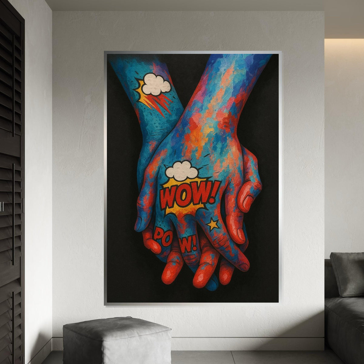 Pop Art Holding Hands Canvas, Colorful Hands Wall Art, Comic Style Print, Wall Art Canvas Design, Ready to Hang Decoration