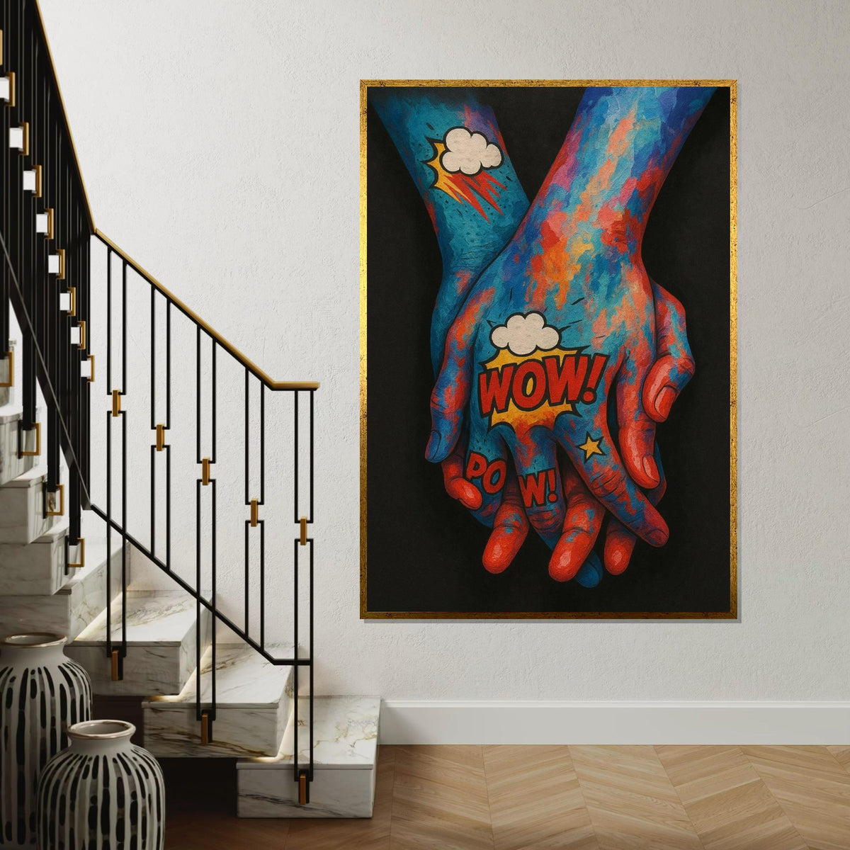 Pop Art Holding Hands Canvas, Colorful Hands Wall Art, Comic Style Print, Wall Art Canvas Design, Ready to Hang Decoration