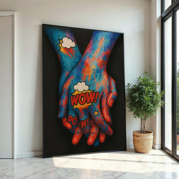 Pop Art Holding Hands Canvas, Colorful Hands Wall Art, Comic Style Print, Wall Art Canvas Design, Ready to Hang Decoration