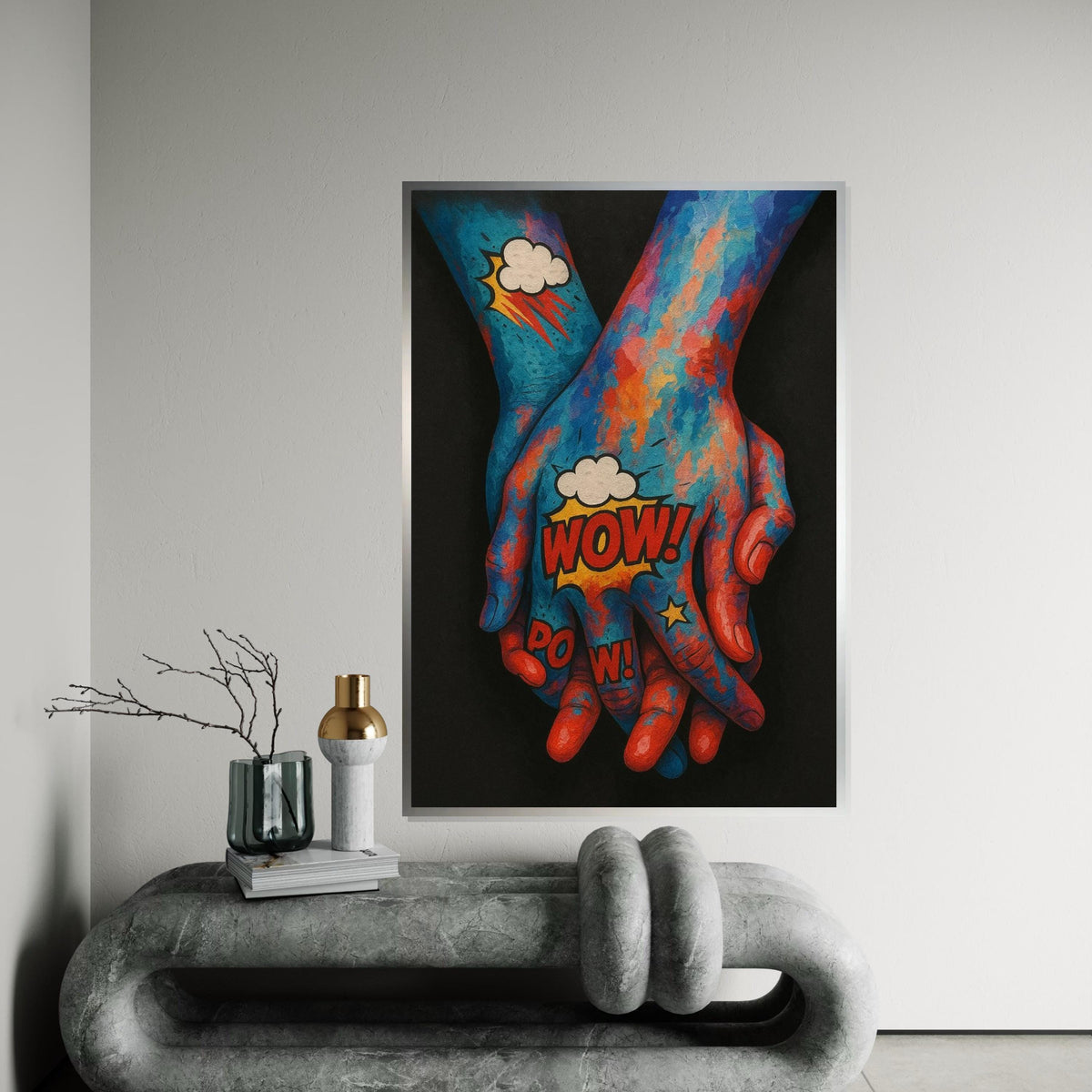 Pop Art Holding Hands Canvas, Colorful Hands Wall Art, Comic Style Print, Wall Art Canvas Design, Ready to Hang Decoration