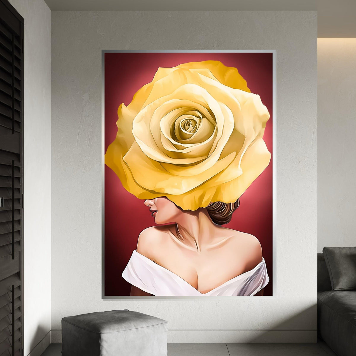 Rose Face Canvas Art, Floral Woman Canvas, Yellow Rose Art Print, Wall Art Canvas Design, Ready To Hang Decoration, Elegant Floral Decor
