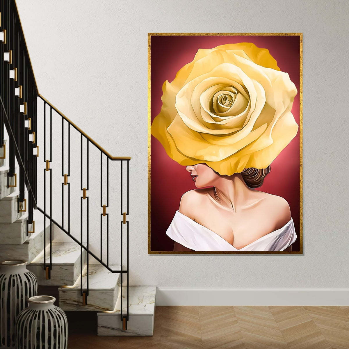 Rose Face Canvas Art, Floral Woman Canvas, Yellow Rose Art Print, Wall Art Canvas Design, Ready To Hang Decoration, Elegant Floral Decor