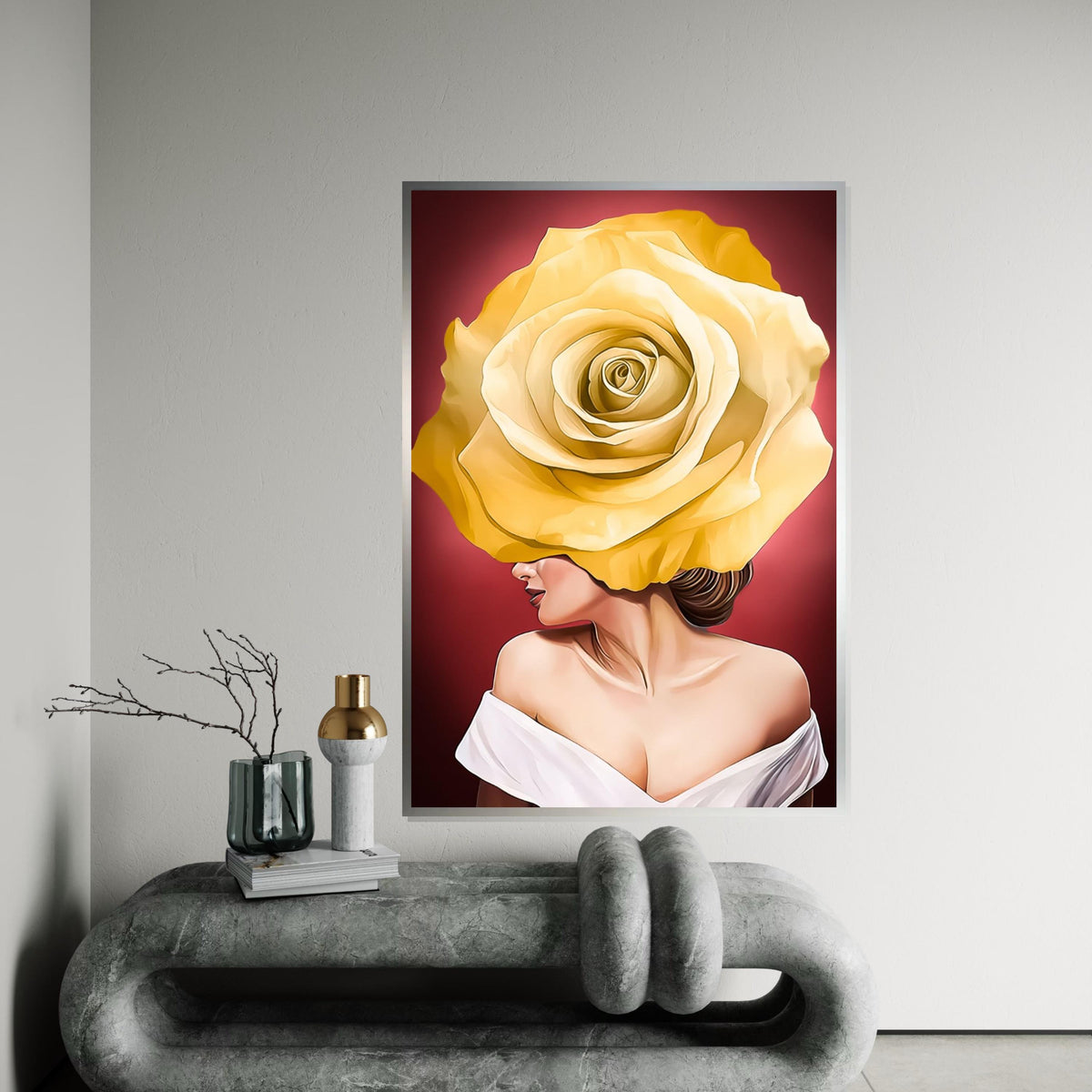 Rose Face Canvas Art, Floral Woman Canvas, Yellow Rose Art Print, Wall Art Canvas Design, Ready To Hang Decoration, Elegant Floral Decor