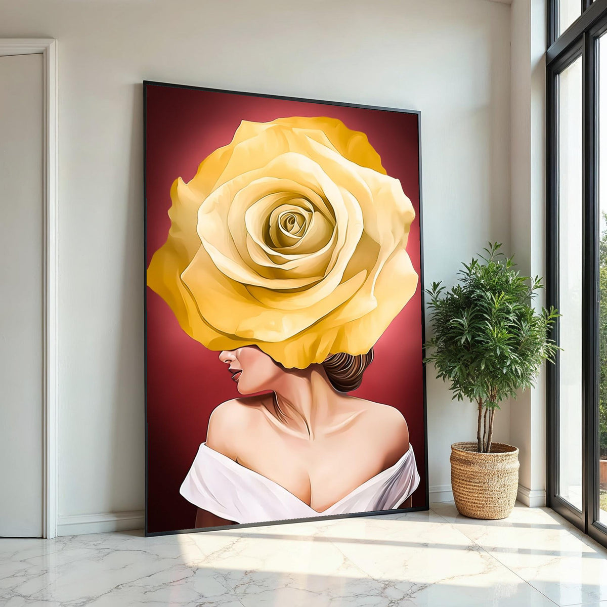 Rose Face Canvas Art, Floral Woman Canvas, Yellow Rose Art Print, Wall Art Canvas Design, Ready To Hang Decoration, Elegant Floral Decor
