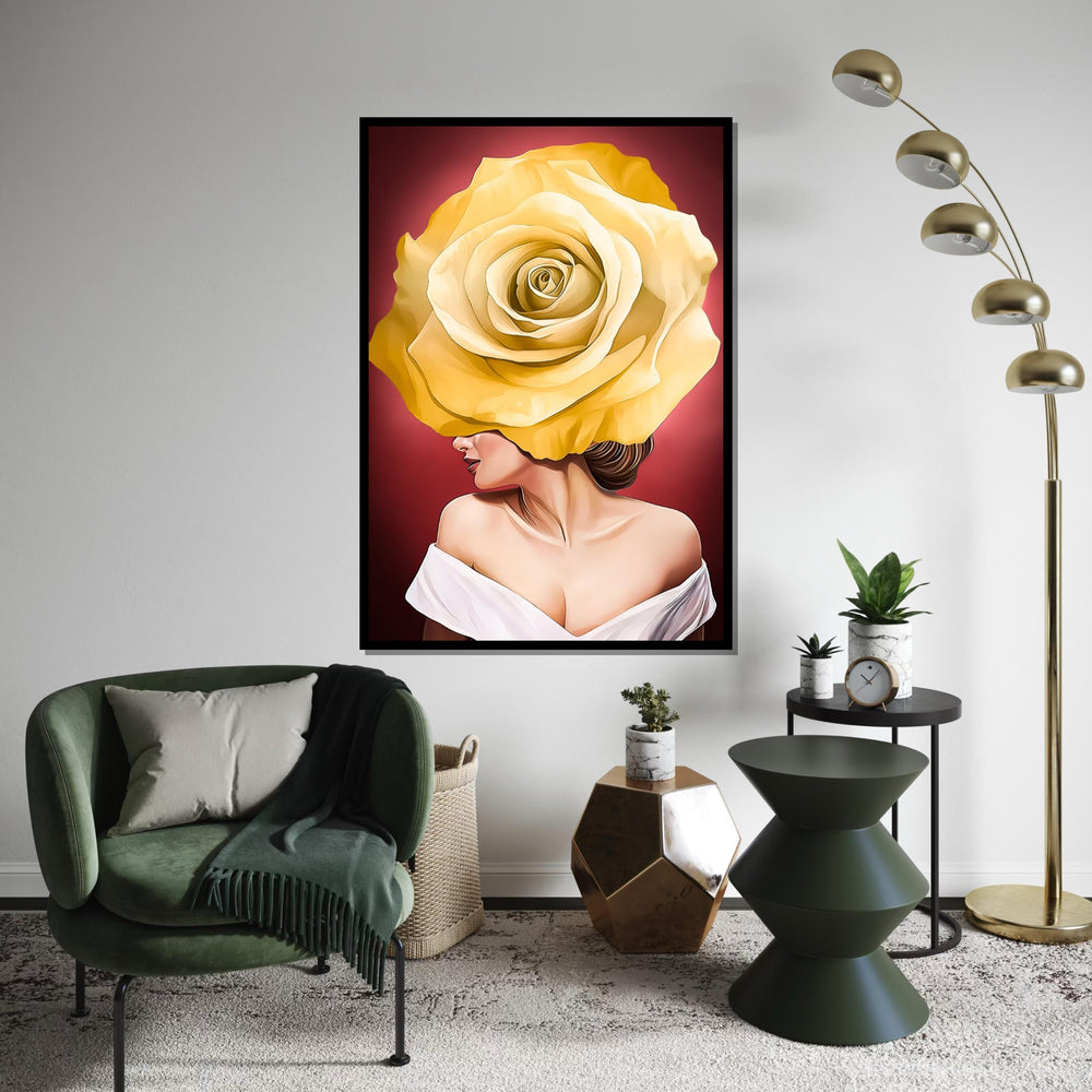 Rose Face Canvas Art, Floral Woman Canvas, Yellow Rose Art Print, Wall Art Canvas Design, Ready To Hang Decoration, Elegant Floral Decor