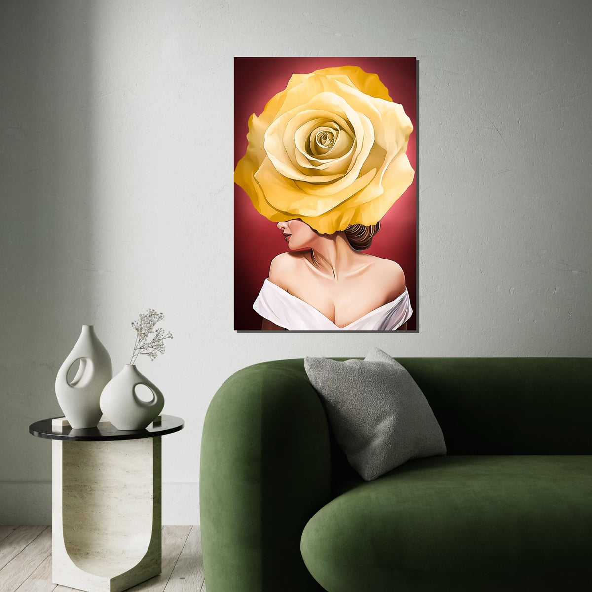 Rose Face Canvas Art, Floral Woman Canvas, Yellow Rose Art Print, Wall Art Canvas Design, Ready To Hang Decoration, Elegant Floral Decor