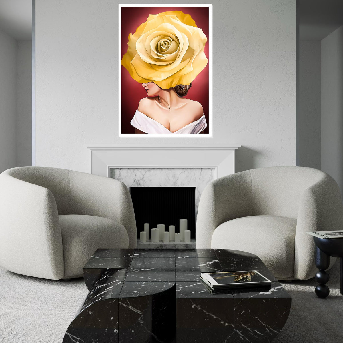 Rose Face Canvas Art, Floral Woman Canvas, Yellow Rose Art Print, Wall Art Canvas Design, Ready To Hang Decoration, Elegant Floral Decor