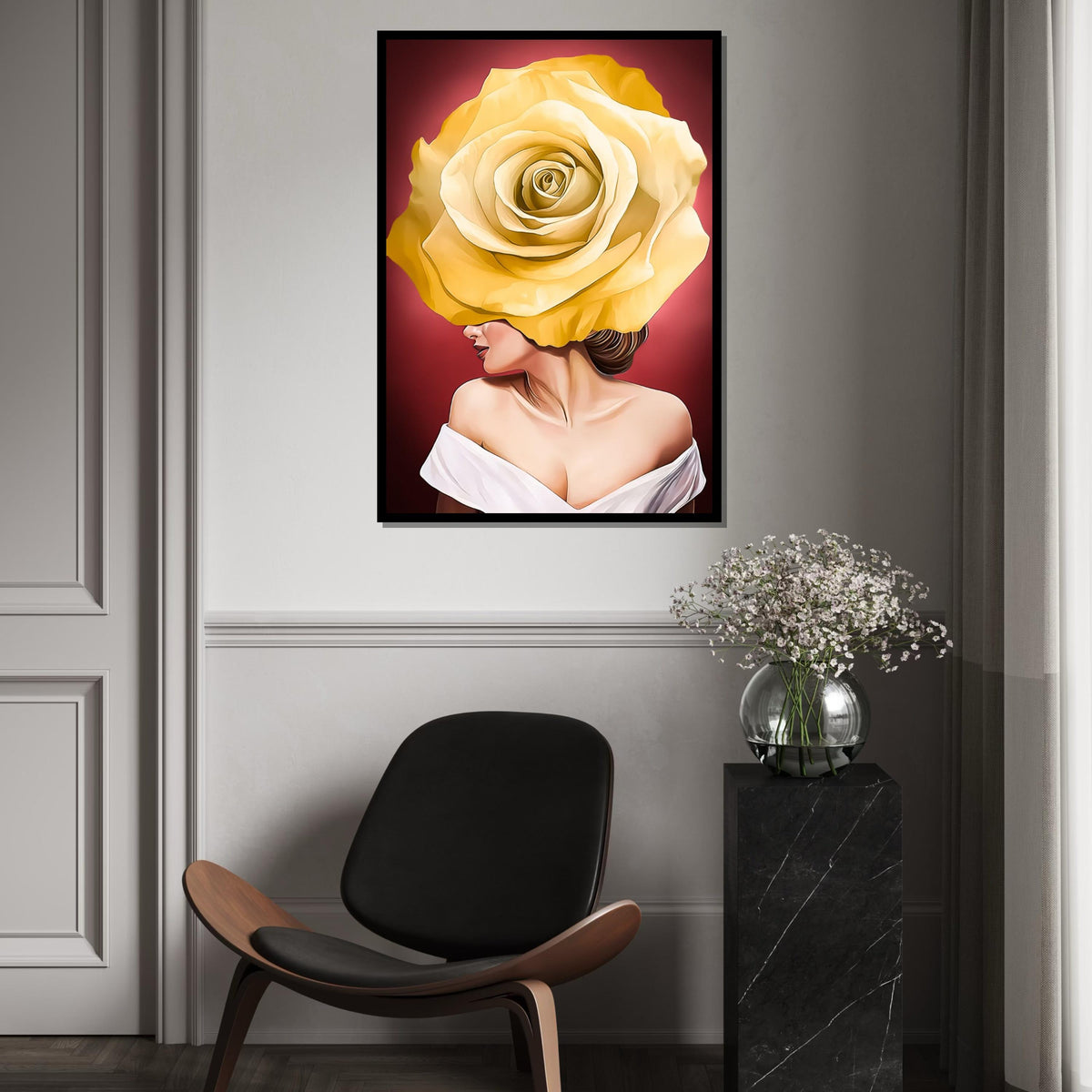 Rose Face Canvas Art, Floral Woman Canvas, Yellow Rose Art Print, Wall Art Canvas Design, Ready To Hang Decoration, Elegant Floral Decor