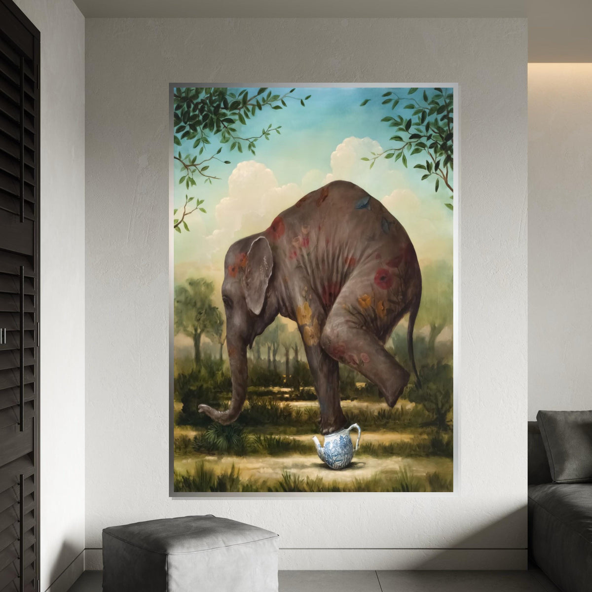 Elephant Teapot Canvas, Surreal Animal Art, Whimsical Elephant Print, Wall Art Canvas Design, Ready to Hang Home Decoration