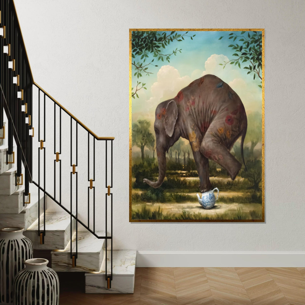 Elephant Teapot Canvas, Surreal Animal Art, Whimsical Elephant Print, Wall Art Canvas Design, Ready to Hang Home Decoration
