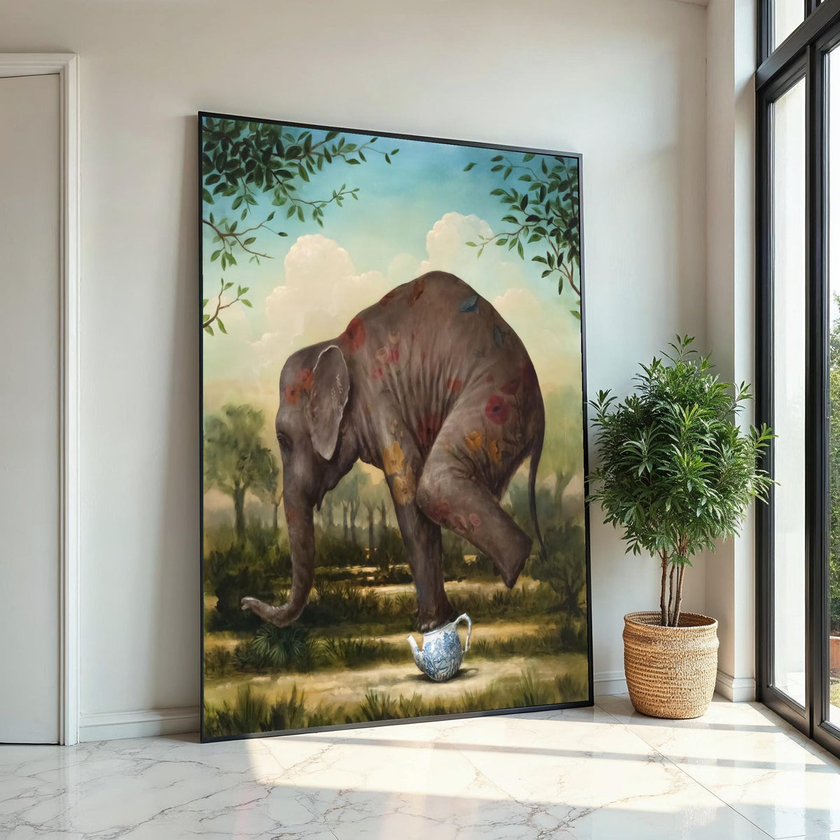 Elephant Teapot Canvas, Surreal Animal Art, Whimsical Elephant Print, Wall Art Canvas Design, Ready to Hang Home Decoration
