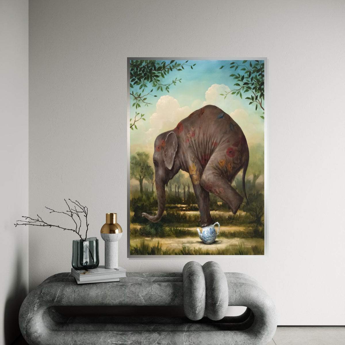 Elephant Teapot Canvas, Surreal Animal Art, Whimsical Elephant Print, Wall Art Canvas Design, Ready to Hang Home Decoration