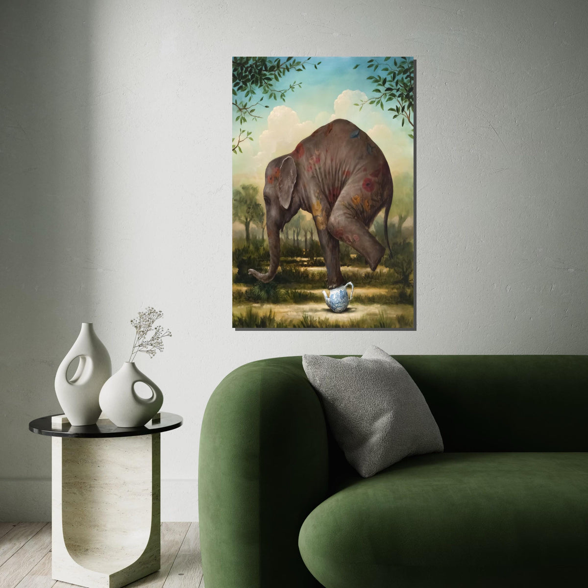 Elephant Teapot Canvas, Surreal Animal Art, Whimsical Elephant Print, Wall Art Canvas Design, Ready to Hang Home Decoration