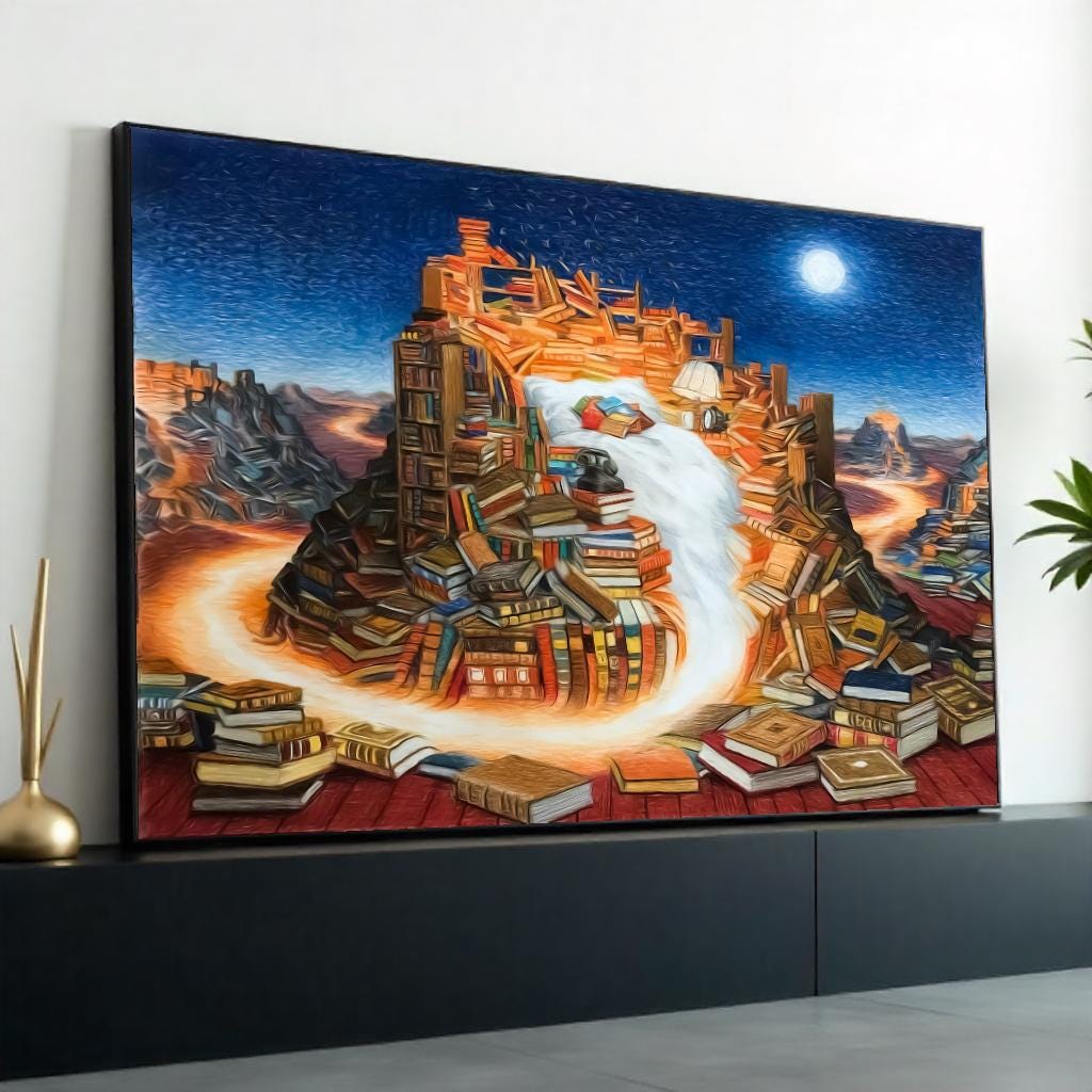 Book Mountain Canvas, Surreal Literature Art, Books Waterfall, Wall Art Canvas Design, Ready To Hang Decor, Dreamscape Library Canvas