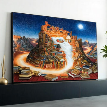 Book Mountain Canvas, Surreal Literature Art, Books Waterfall, Wall Art Canvas Design, Ready To Hang Decor, Dreamscape Library Canvas