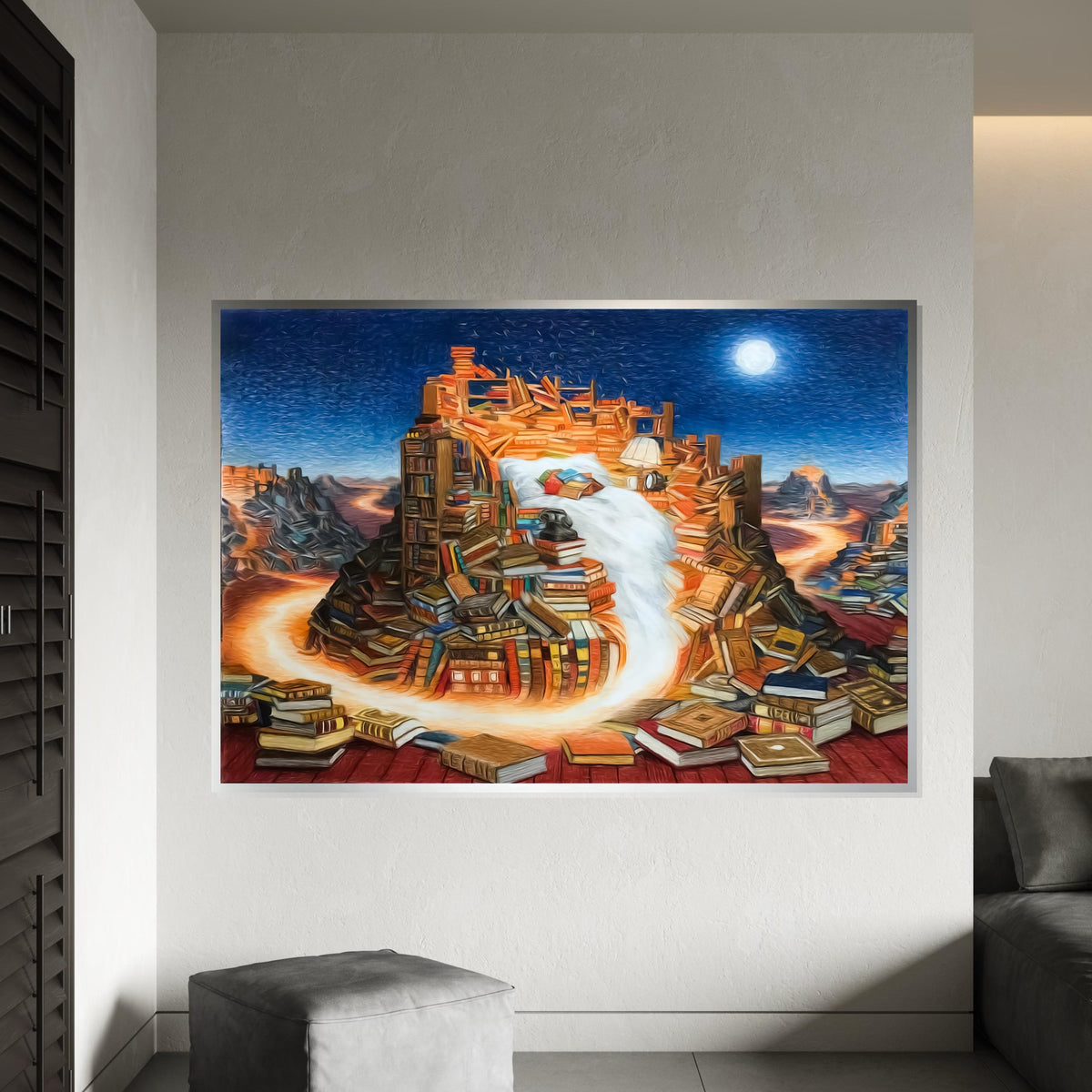 Book Mountain Canvas, Surreal Literature Art, Books Waterfall, Wall Art Canvas Design, Ready To Hang Decor, Dreamscape Library Canvas