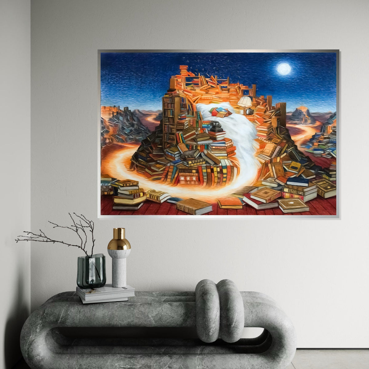 Book Mountain Canvas, Surreal Literature Art, Books Waterfall, Wall Art Canvas Design, Ready To Hang Decor, Dreamscape Library Canvas