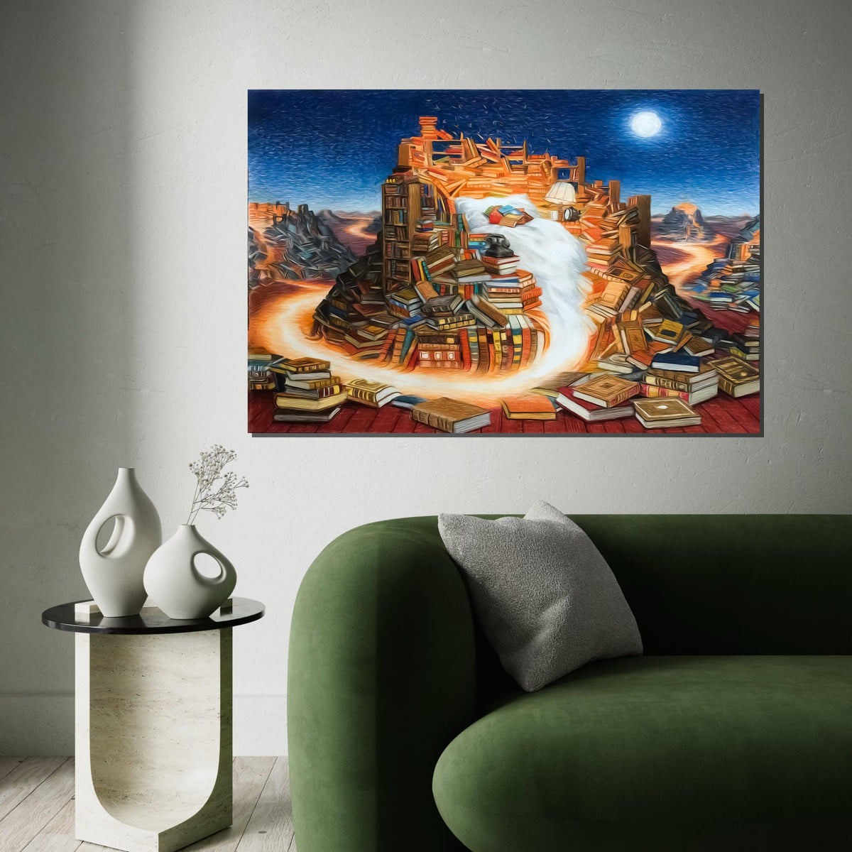 Book Mountain Canvas, Surreal Literature Art, Books Waterfall, Wall Art Canvas Design, Ready To Hang Decor, Dreamscape Library Canvas