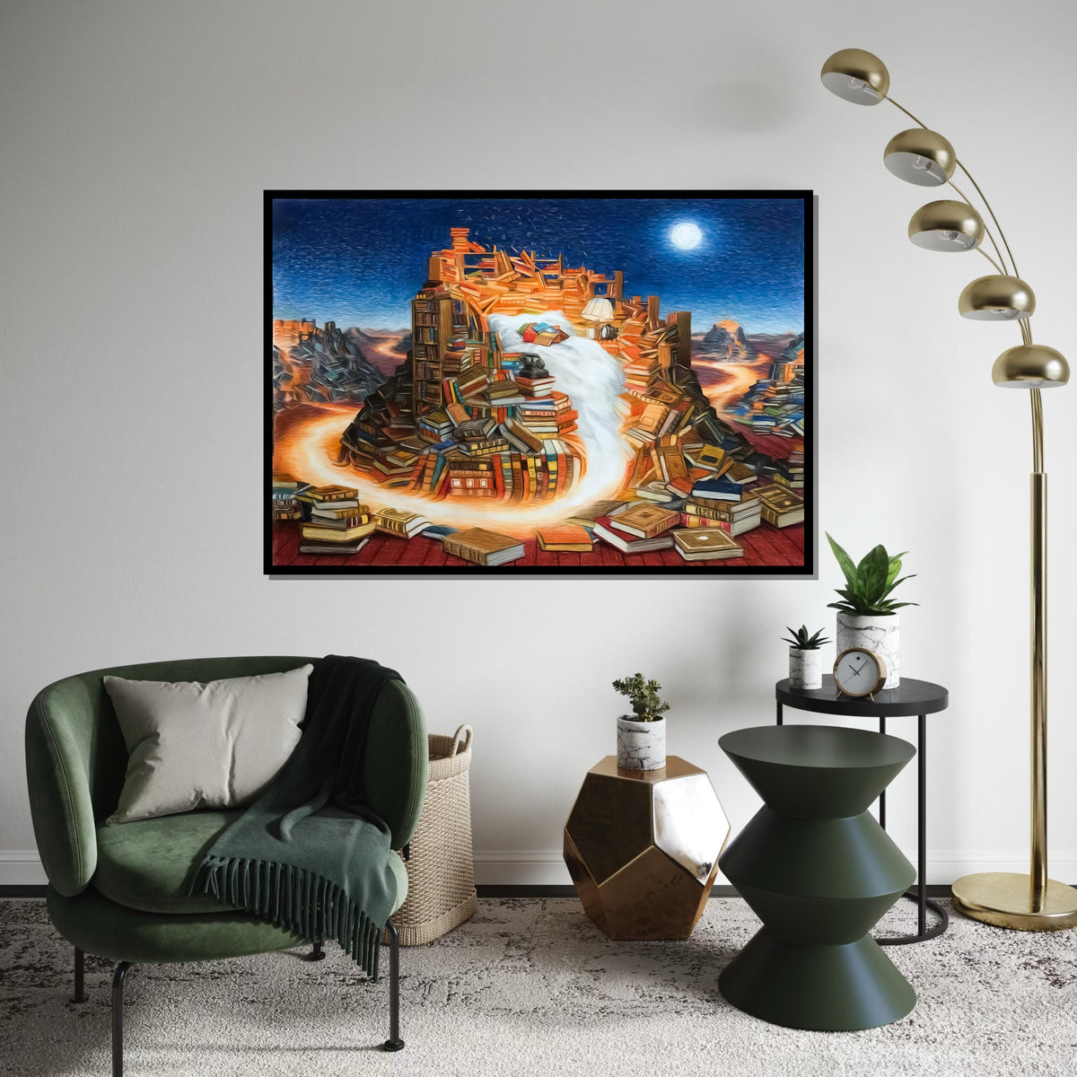 Book Mountain Canvas, Surreal Literature Art, Books Waterfall, Wall Art Canvas Design, Ready To Hang Decor, Dreamscape Library Canvas