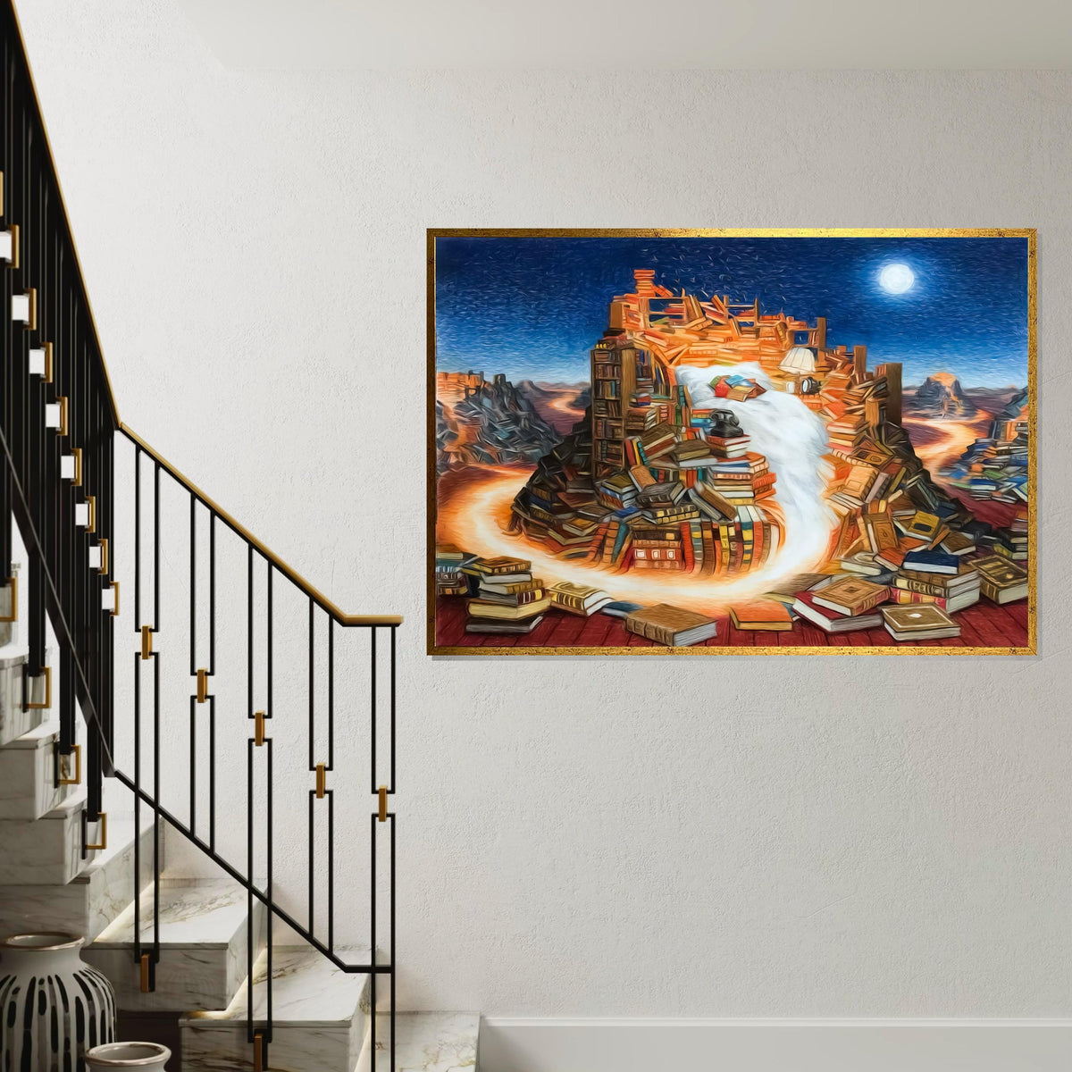 Book Mountain Canvas, Surreal Literature Art, Books Waterfall, Wall Art Canvas Design, Ready To Hang Decor, Dreamscape Library Canvas