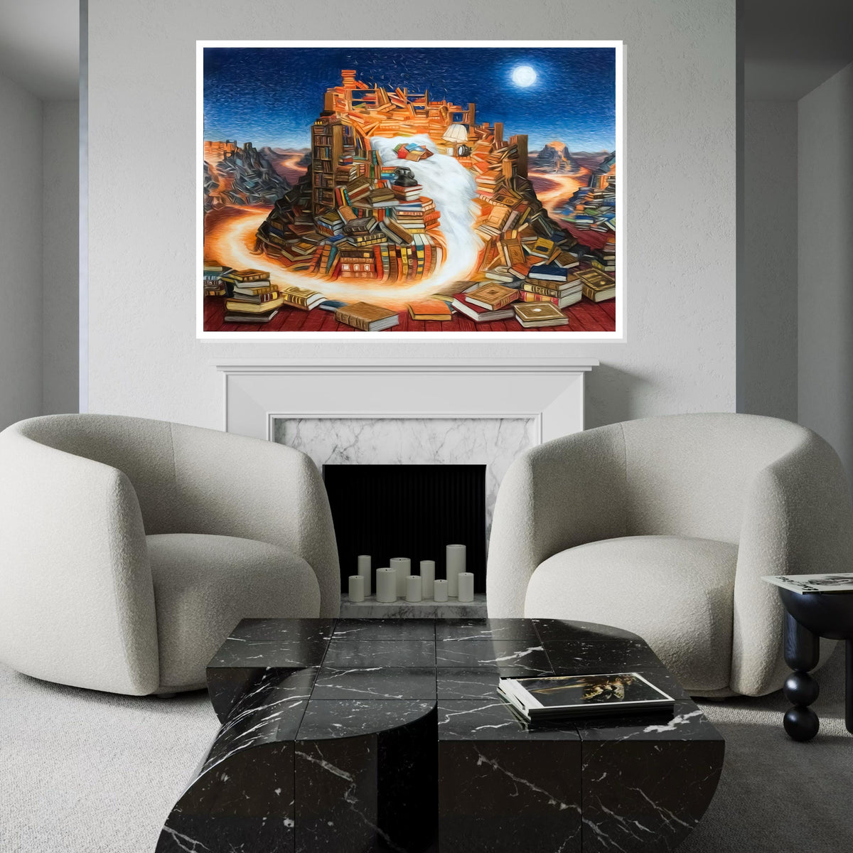 Book Mountain Canvas, Surreal Literature Art, Books Waterfall, Wall Art Canvas Design, Ready To Hang Decor, Dreamscape Library Canvas