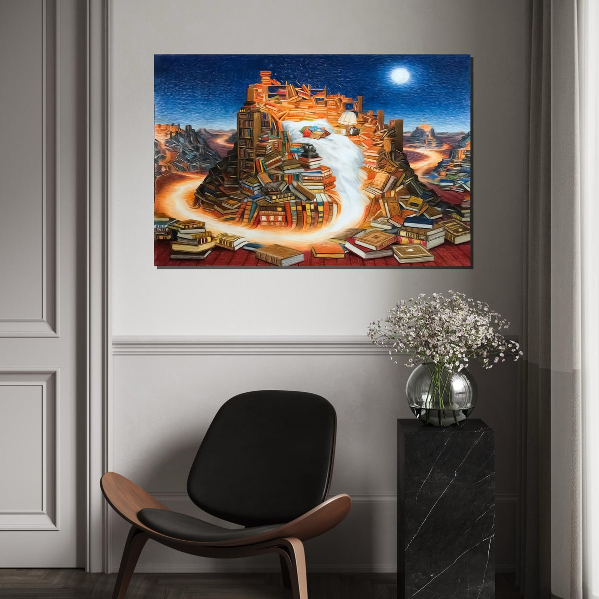 Book Mountain Canvas, Surreal Literature Art, Books Waterfall, Wall Art Canvas Design, Ready To Hang Decor, Dreamscape Library Canvas