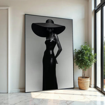 Elegant Silhouette Canvas, Black Dress Art, Fashion Wall Art, Large Hat Poster, Wall Art Canvas Design, Ready to Hang Decoration