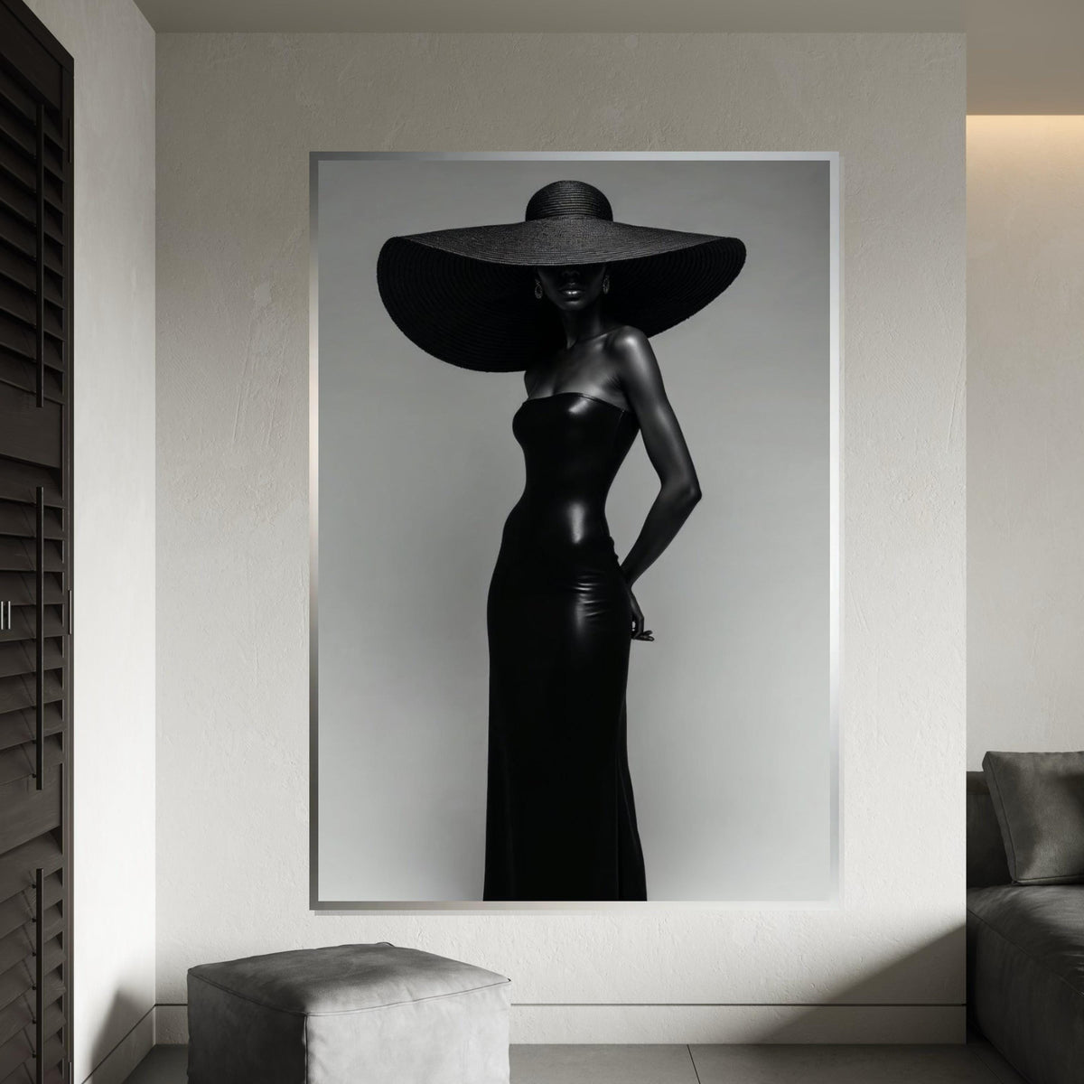 Elegant Silhouette Canvas, Black Dress Art, Fashion Wall Art, Large Hat Poster, Wall Art Canvas Design, Ready to Hang Decoration